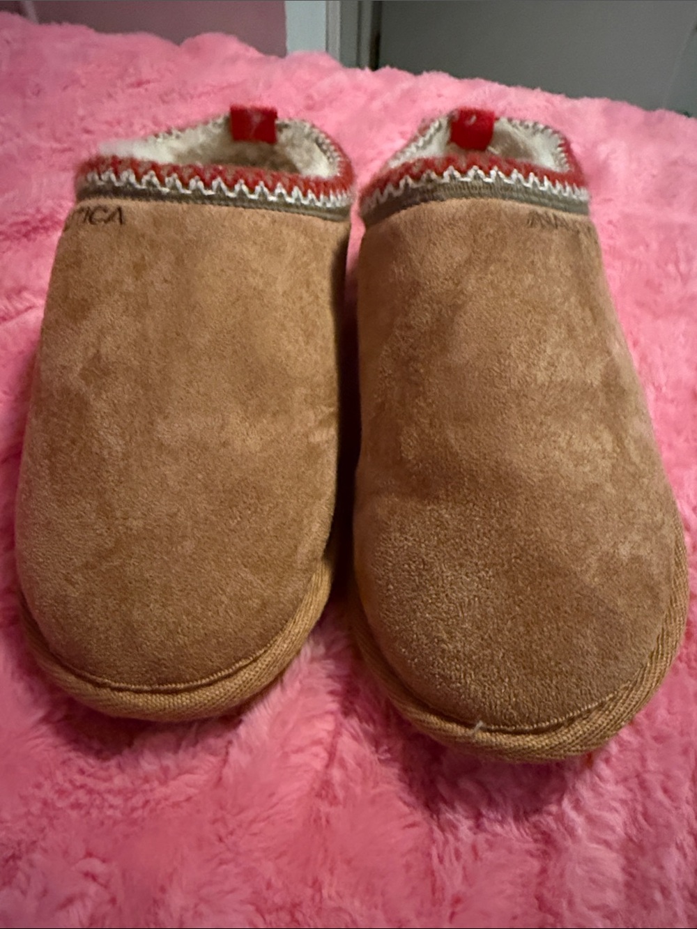 Nautica Brown Faux Suede Slip-On Slippers with Red Trim